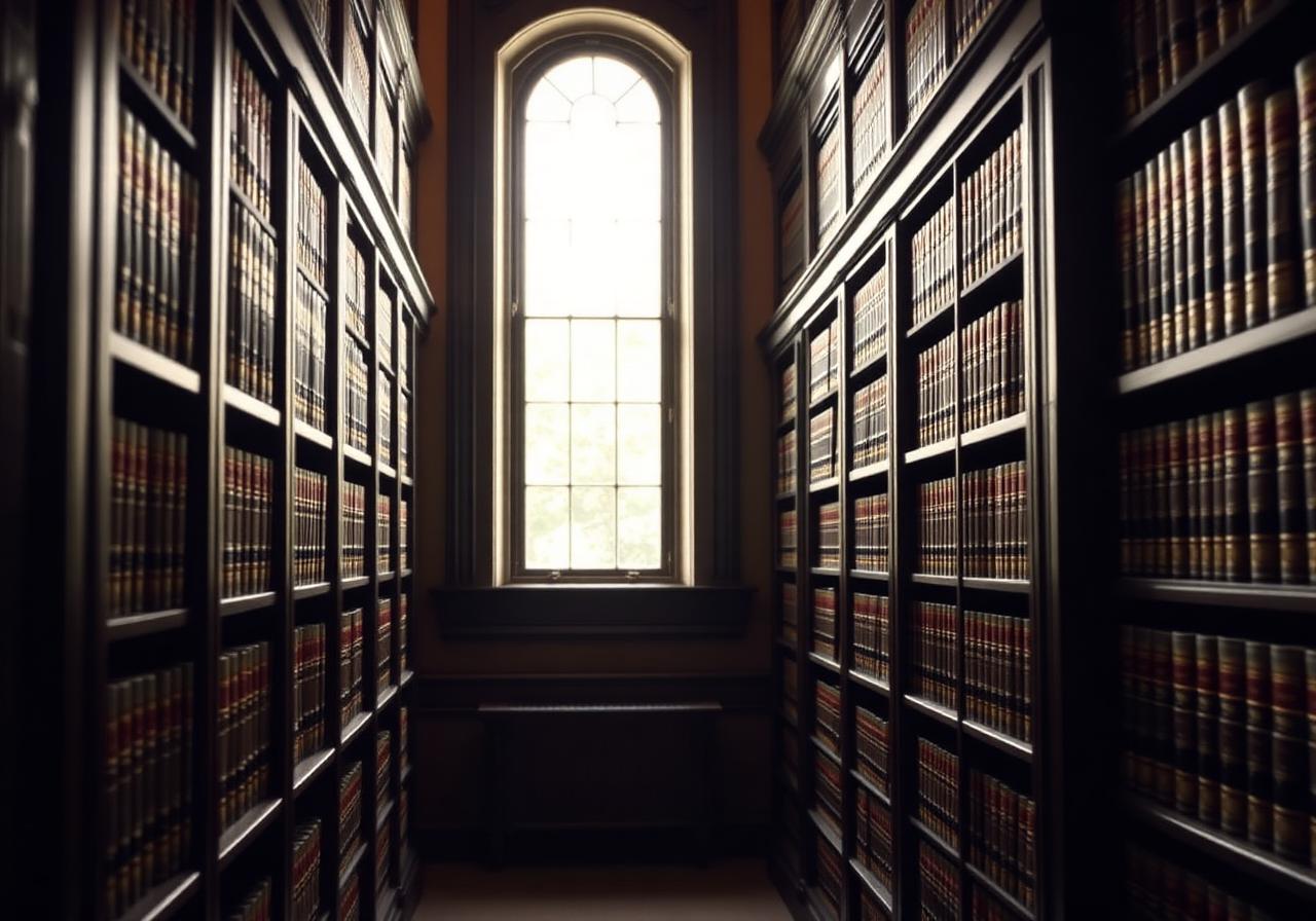 Biblioteca jurídica clássica representando tradição técnica